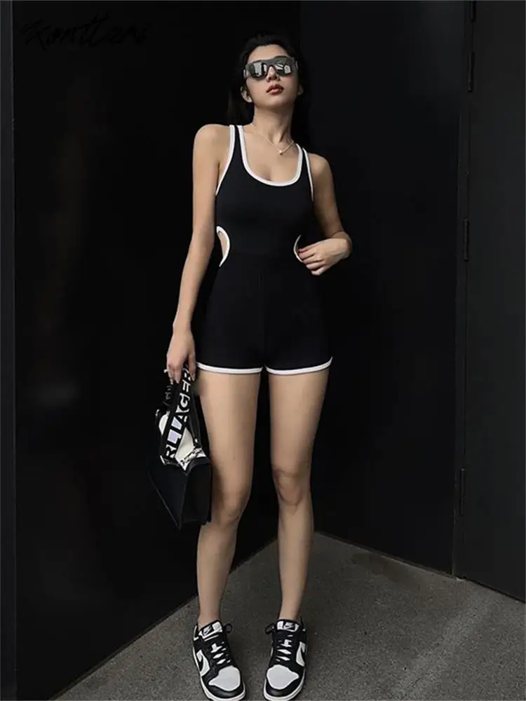 Kontturi Summer Casual Solid Bodycon Hollow Jumpsuit For Women 2023 Spaghetti Strap Sleeveless Playsuit One Piece Black Rompers