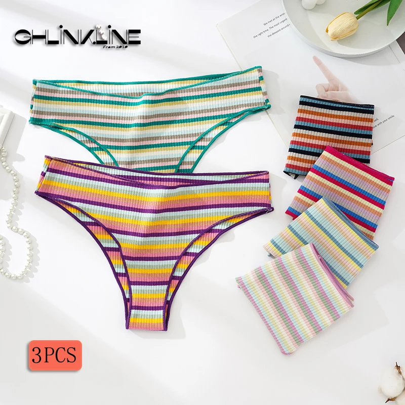 Tanga de cintura baja para mujer, ropa interior colorida a rayas, bragas de algodón, lencería femenina de talla múltiple