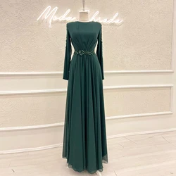 Elegant A-Line Muslim Evening Gowns Chiffon Beaded Long Sleeves Formal Dress 2024 Arabic Dubai Wedding Guest Dresses for Women