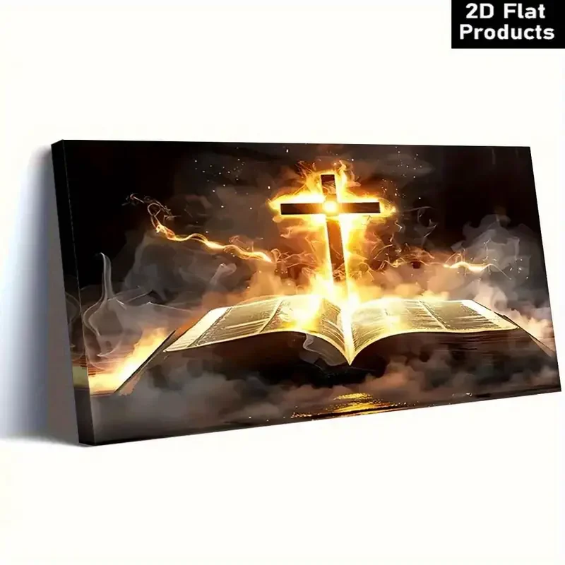 Frameless cross and flame book art decorative painting, religious wall decoration, spiritual wall art, suitable for home decor