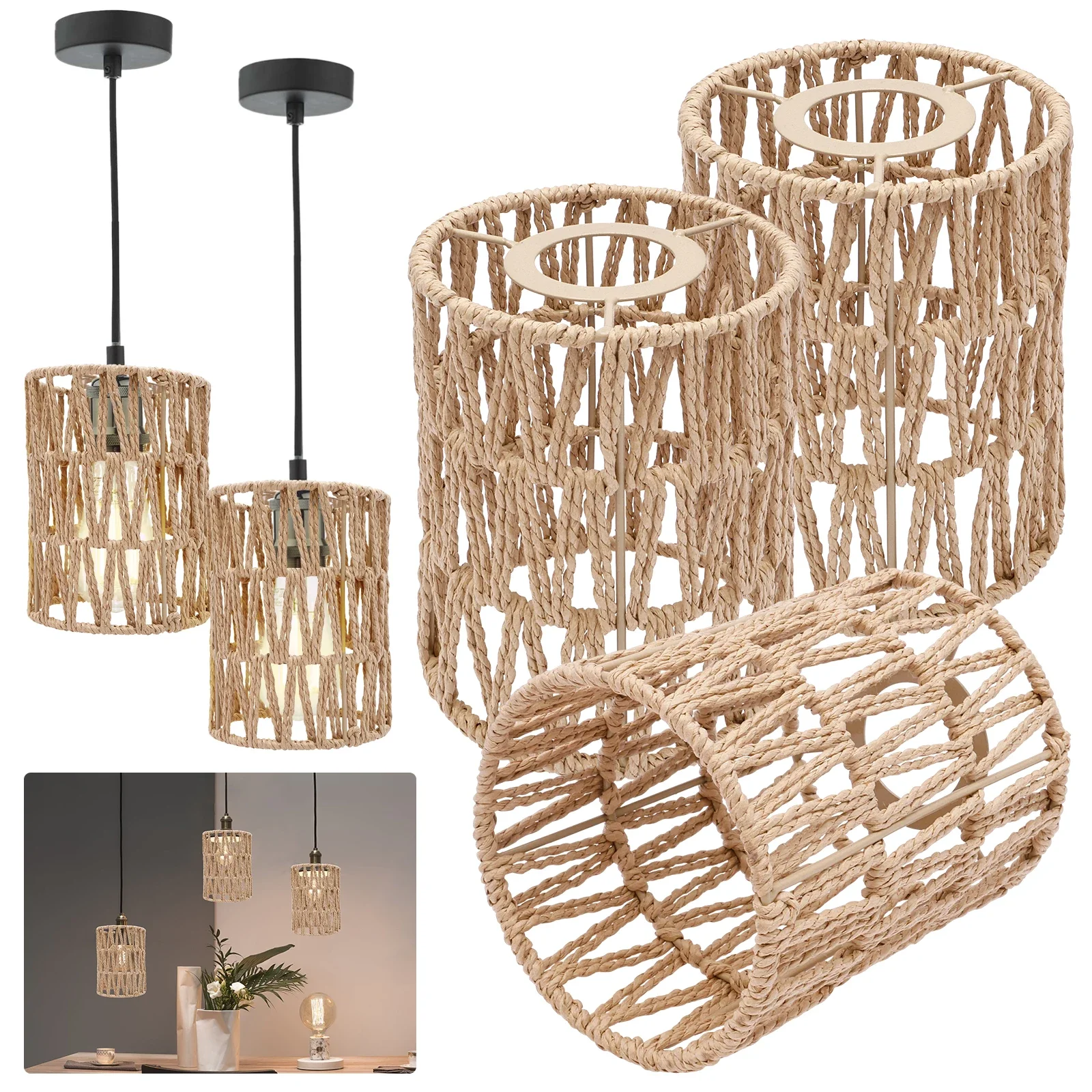 

Набор из 3-х винтажных подвесных светильников с абажурами из имитации ротанга ручной работы для гостиной, отеля, ресторана