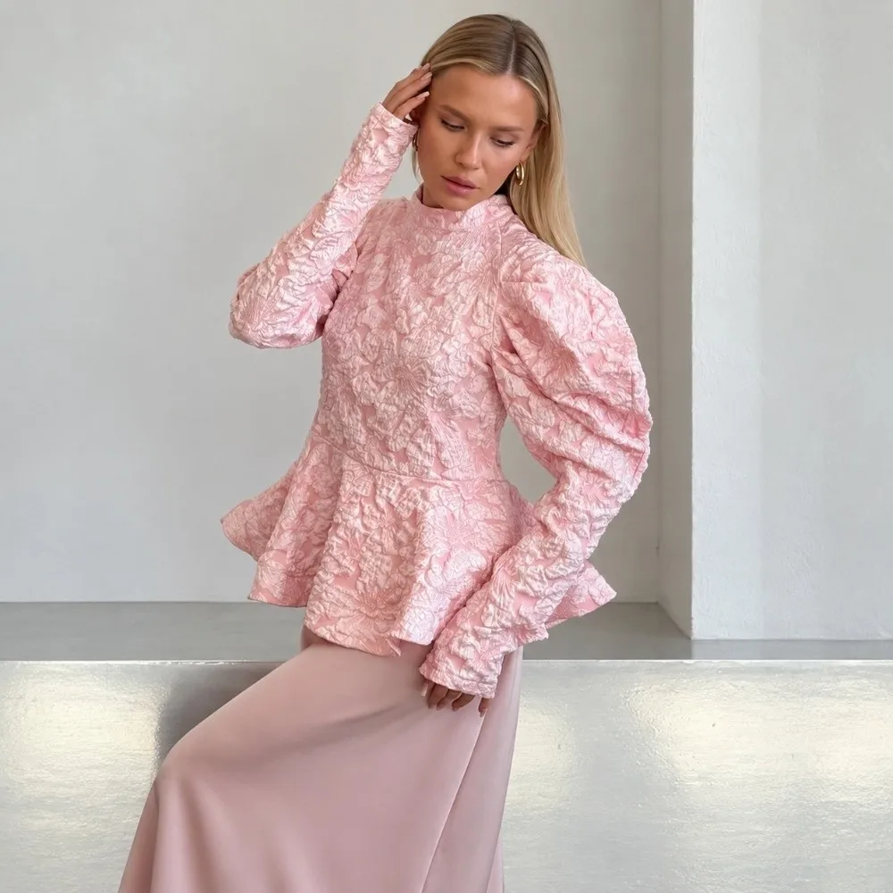 Chic Emboss Jacquard Peplum Blouse Puff Sleeve High Neck Puff Sleeve Top Peplum Hem Fitted Waist High Neck Shirt Date Gathering