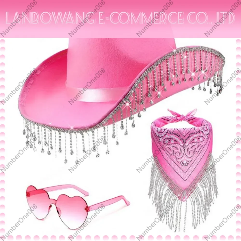 3pcs/Set Bandana Stage Performance Hat Heart Sunglasses Rhinestone Tassel Western Cowboy Hat 3pcs/Set Solid Color