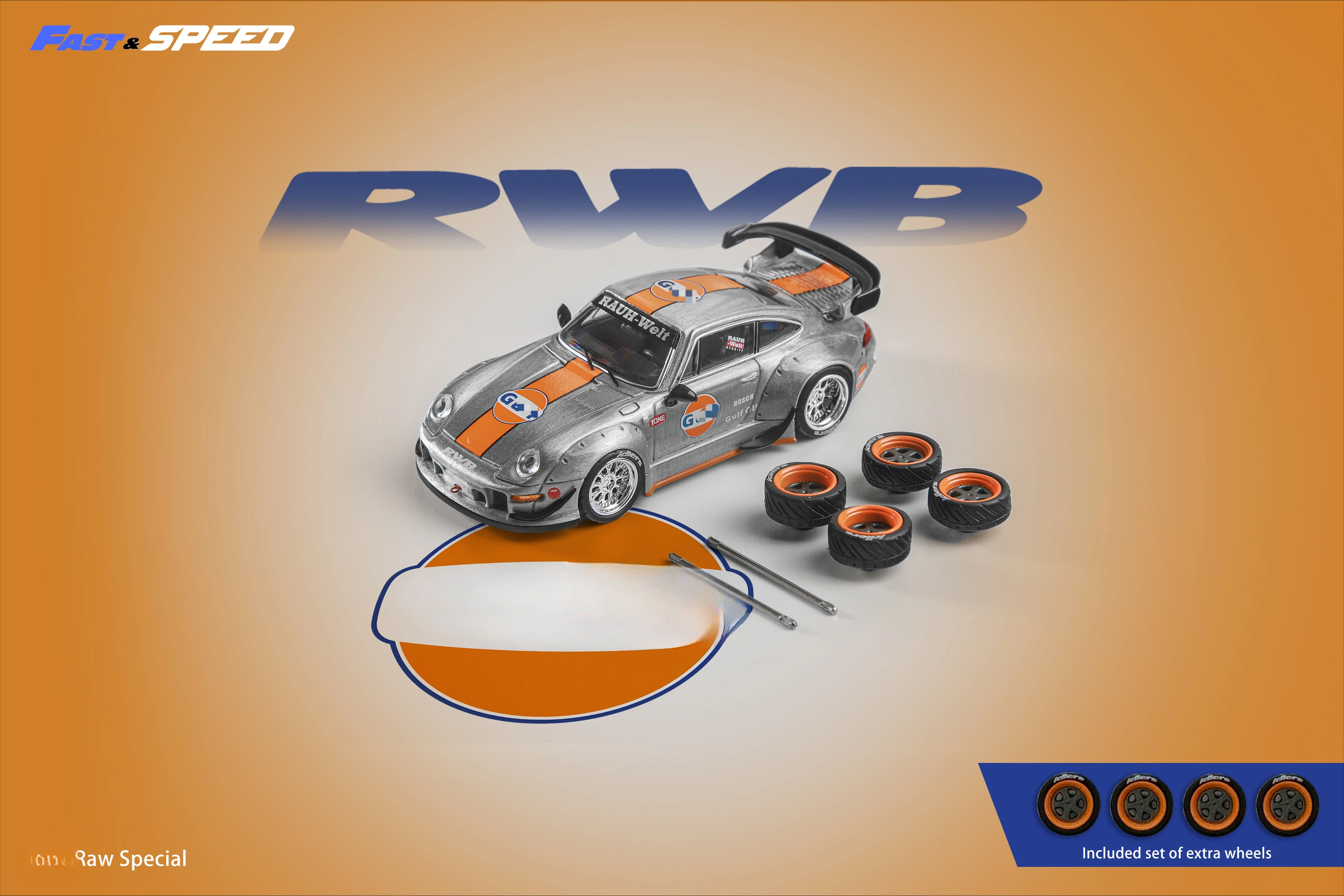 Fast Speed FS 1:64 RWB Blueorange Raw Titanium Model car