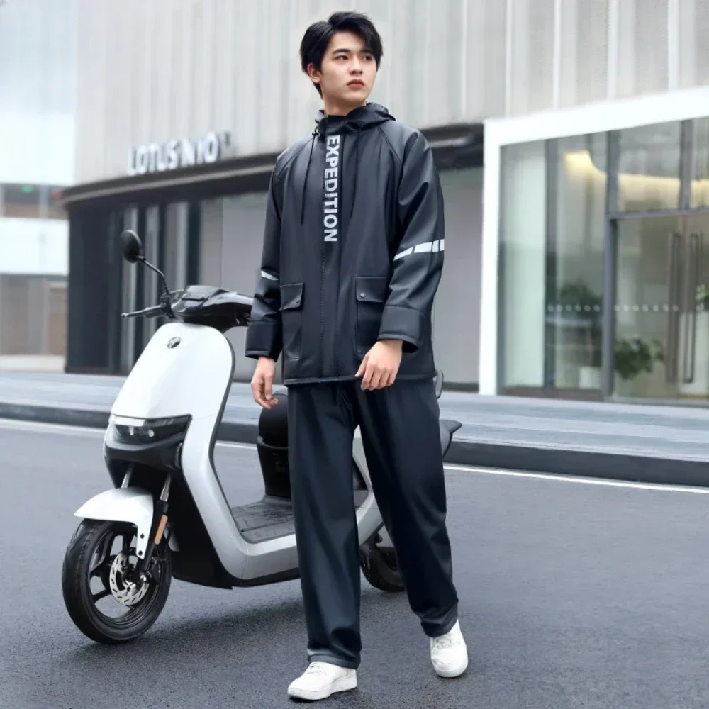 Split Raincoat Adult Men Waterproof Motorcycle Special Suit Thickened Hooded Poncho Rain With Reflective Stripe Rainwear Suit