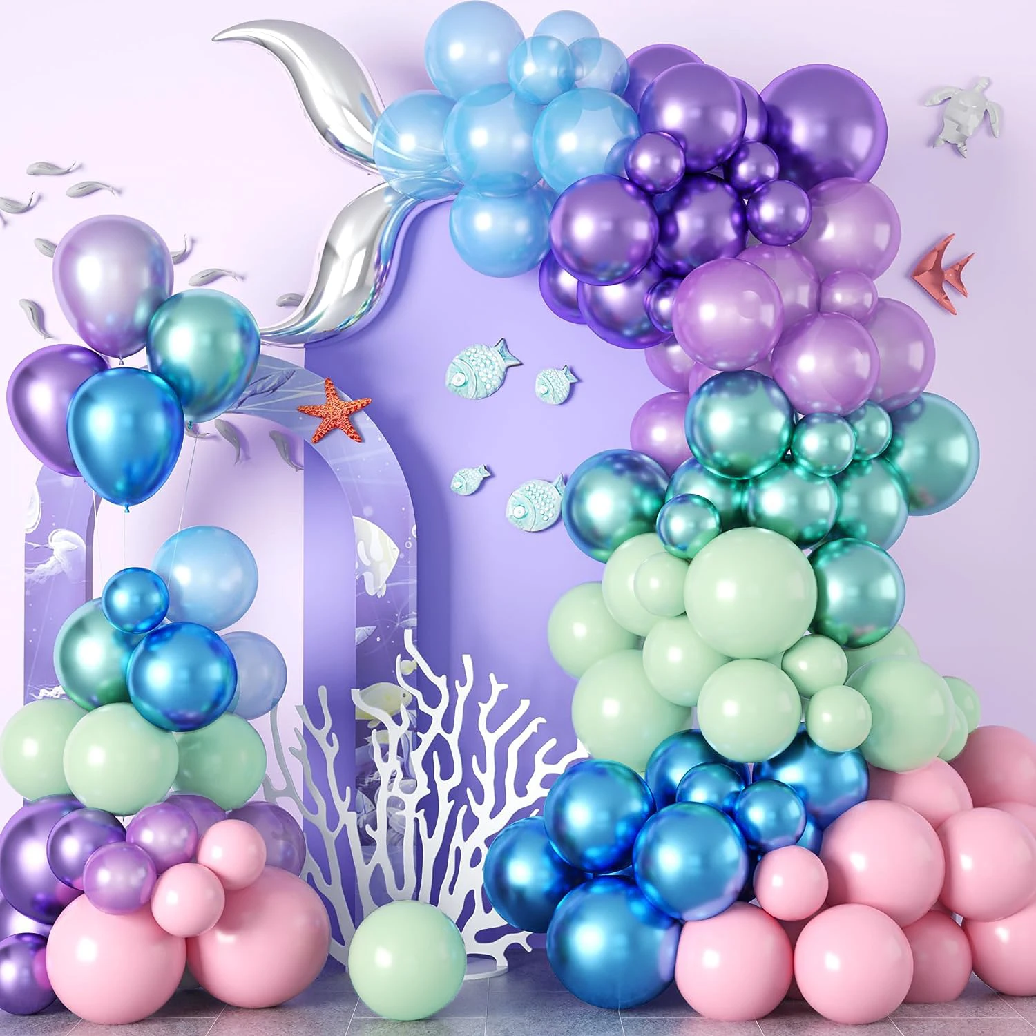 141pcs Mermaid Tail Balloon Garland Arch Kit Little Mermaid Theme Balloons for Baby Shower Mermaid Birthday Party Decorations