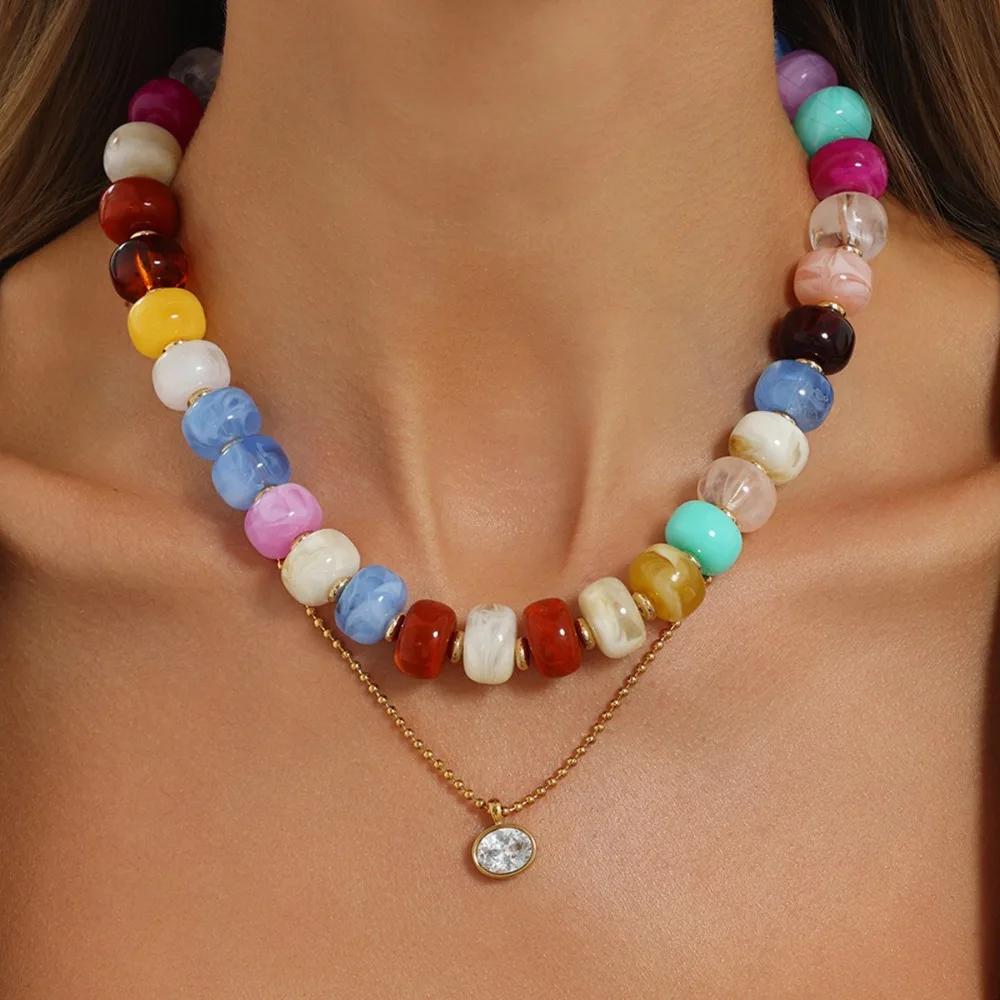 New 2pcs Set Colorful Swirl Resin Flat Beads Stainless Steel Zircon Pendant Double Layer Stack Choker Necklace for Women Jewelry