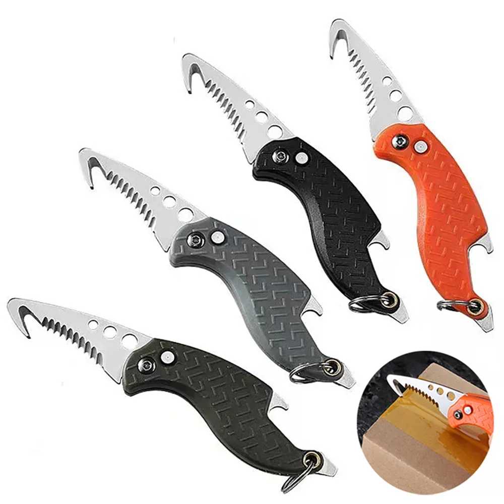 Portable Express Parcel Knife Stainless Fast Serrated Hook Knife for Outdoor Camping Carry-on Unpacking Keychain Folding Cutter