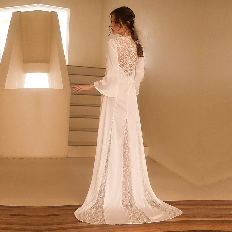 

Sexy White Lace Embroidery Robe Suit Women Bride Kimono Bathrobe Long Sleeve Nightgown Satin Wedding Sleepwear Long Loungewear