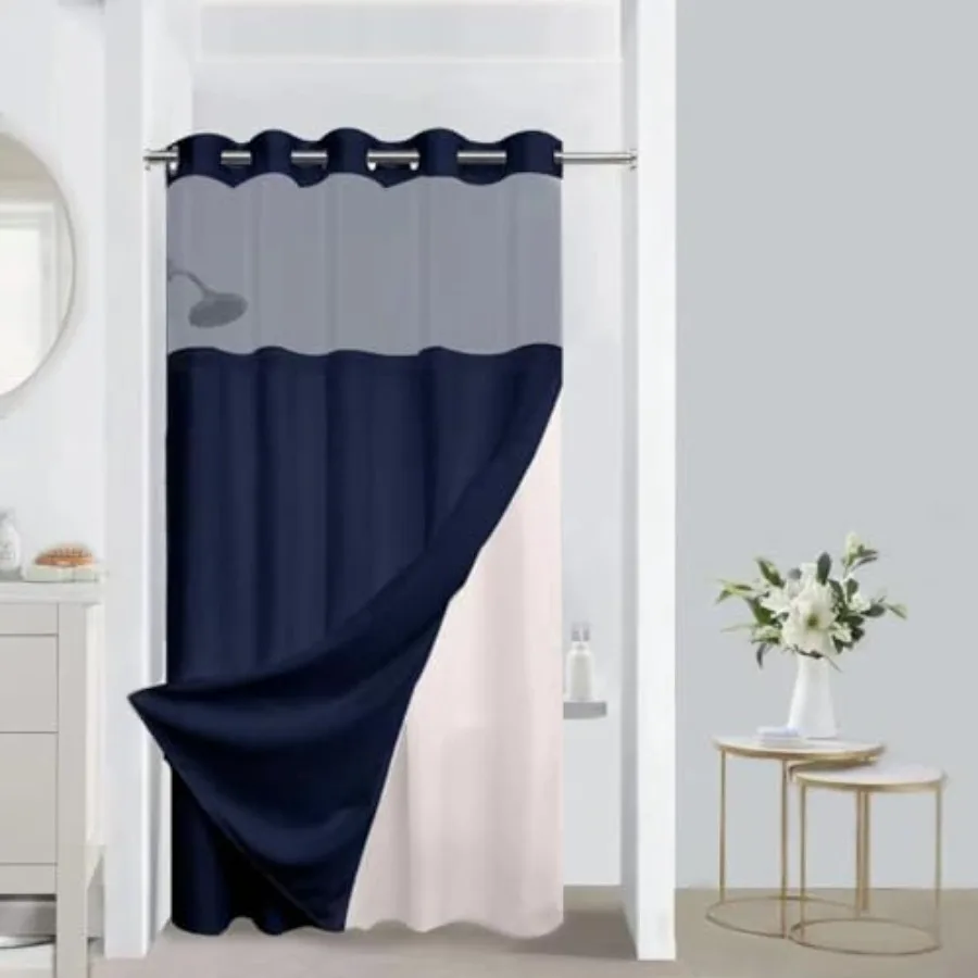 

No Hooks Required Waffle Weave Shower Curtain with Snap in Liner-Hotel Grade Waterproof and Mesh Top Window Spa Like Bath Curta