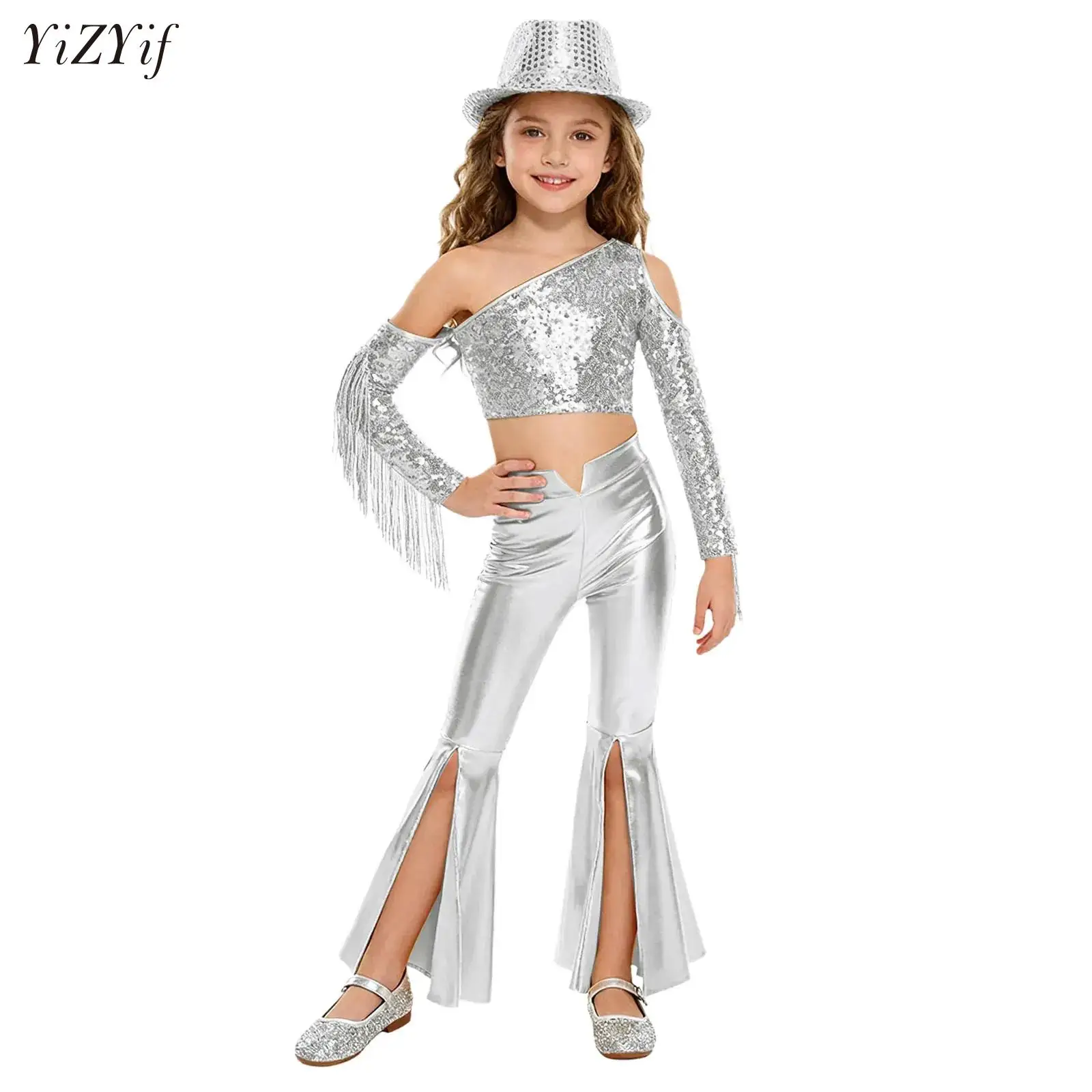 

Girls Western Cowgirl Movie Cosplay Costume Sequined Crop Top Flared Trousers Fedora Hat Set For Kids Halloween Party Carnival