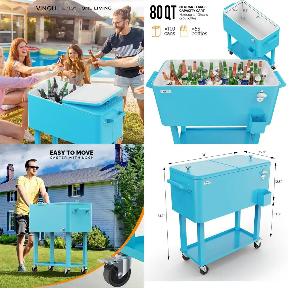 

Портативный переносной холодильник-тележка на 80 кварт с охладителем для напитков, отсеком для бутылок и открывалкой для бутылок
