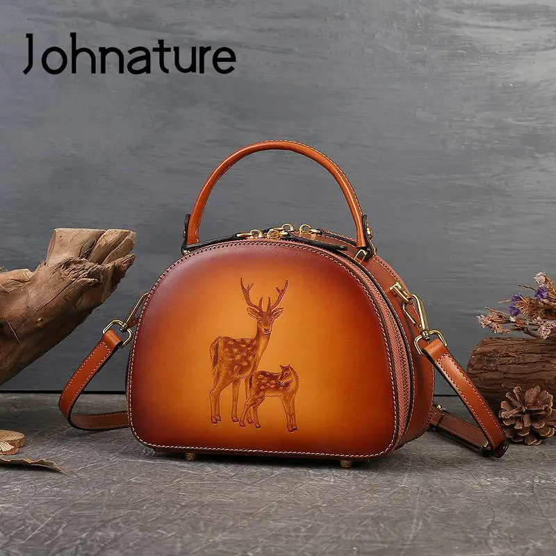 

Johnature Deer Pyrograph Genuine Leather Handbag 2024 New Vintage Versatile Women Bag Natural Real Cowhide Shoulder Bags