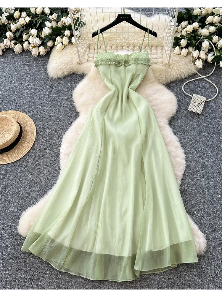 

Women's Summer Dress French Sweet Gentle Temperament Waist Cinching Suspender Mesh Solid Color Green Long Vestidos BL198