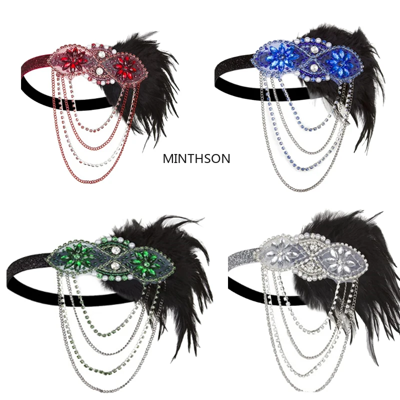 minthson 20S Feather Headbands Beaded Jewels Elastic Band With Chain Flapper Costume Props Party Headpiece Charleston Dress