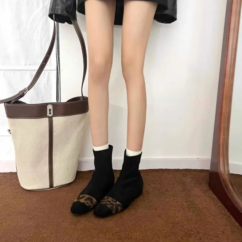 Square Toe Women Sock Boots Leopard Mixed Color Back Zipper Square Mid Heels Sock Bota  Platform Boots  Shoes for Women image 5