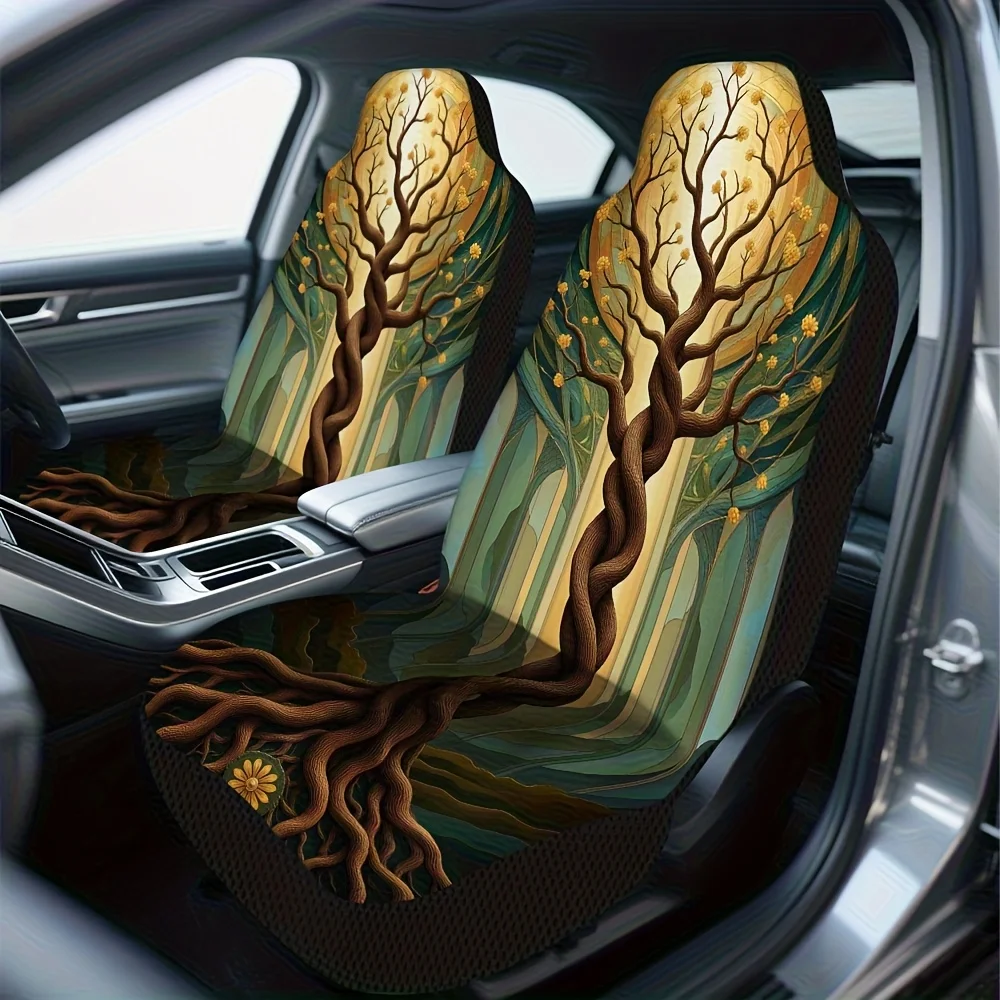 2pcs Elegant Art Nouveau Tree Design Front Seat Covers - Soft, Easy To Clean, Polyester Fiber, Ideal For Driver And Passenger Se