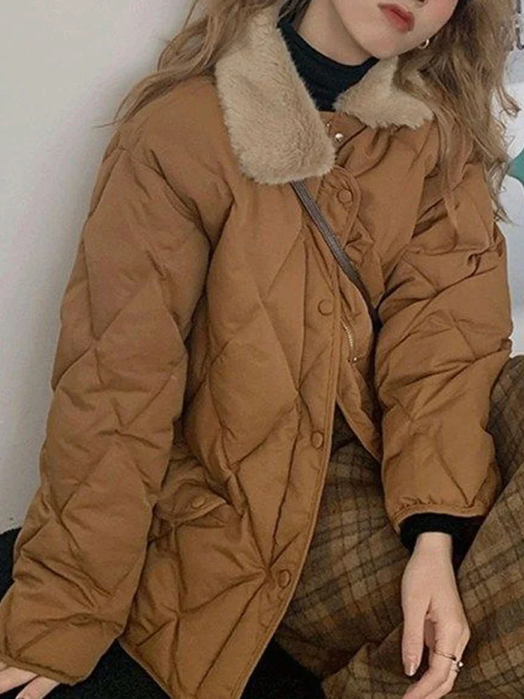 Padding Coat Women Vintage Argyle Parkas Female Autumn Winter Warm Down Jacket Lady Casual Loose Zipper Patchwork Fluffy Coats
