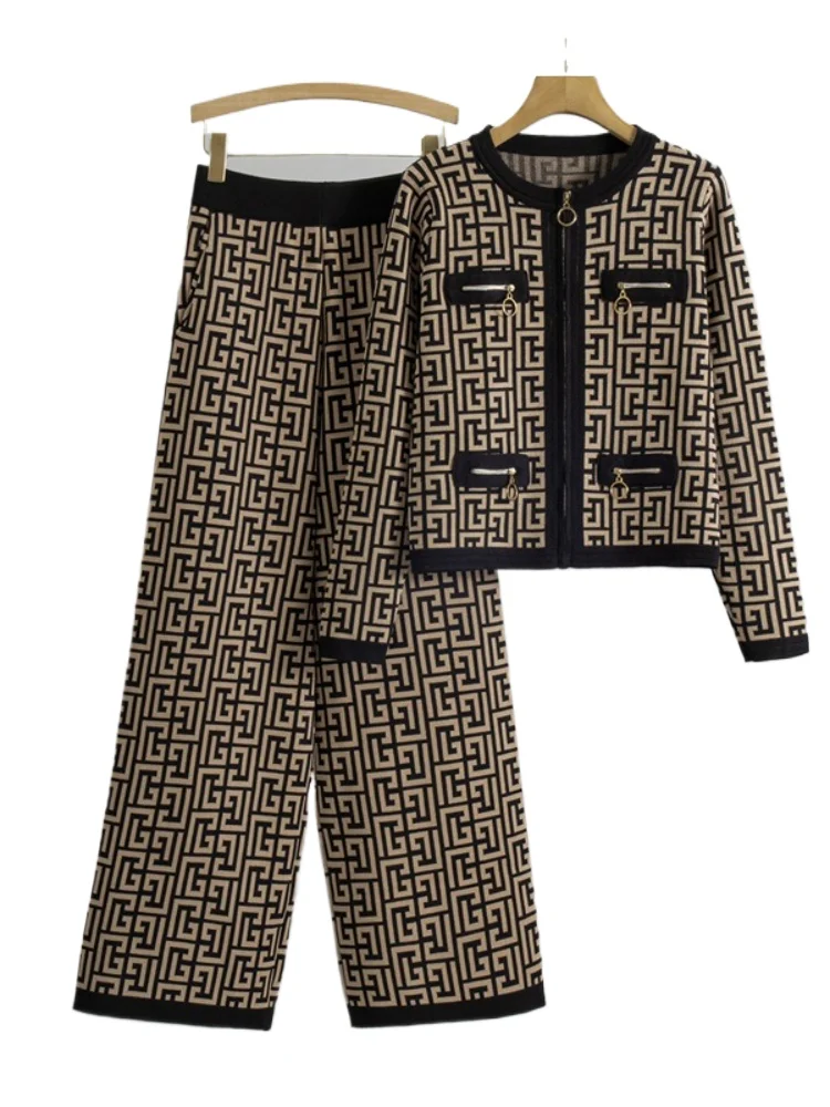 

Spring New Fashion 2 Piece Sets Loose Knit Striped Cardigan + Casual Wide-Leg Pants Women Two-Piece Set Knitted Suit