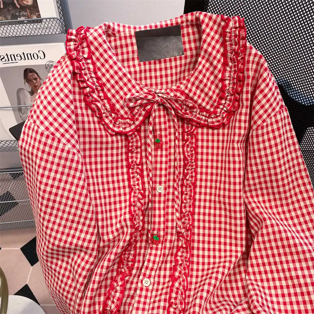 Women Red Bow Plaid Shirts Blouses Vintage Y2k Japanese Street Fashion 2000s Peter Pan Collar Long Sleeve Shirt Cutecore Clothes