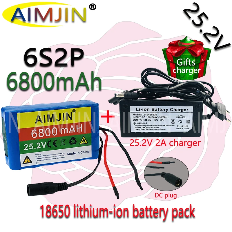 25.2V 24V 6S2P 68000mAh 18650 Lithium Battery Pack 24V with BMS for Rechargeable battery  + 2A charger