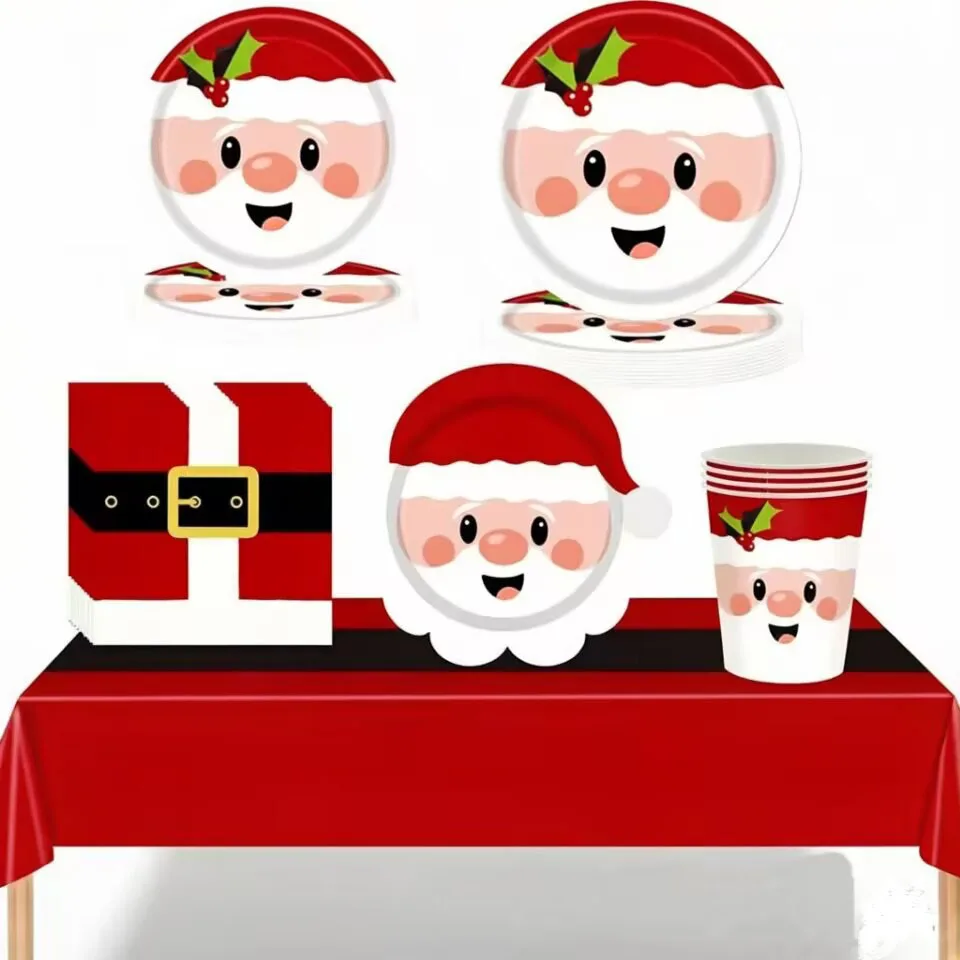 Neues Cartoon-Weihnachtsmann-Themen-Party-Einweggeschirr, Pappbecher, Teller, Servietten, Tischdecken, Weihnachts-Themen-Party-Zubehör – Detail 1