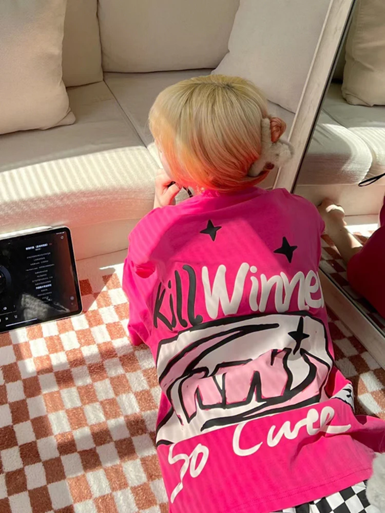ADAgirl Pink Letter Print T Shirt Woman O-Neckcute Y2k Top Harajuku Girl Short Sleeve Tees Loose Korean Style Clothes for Summer