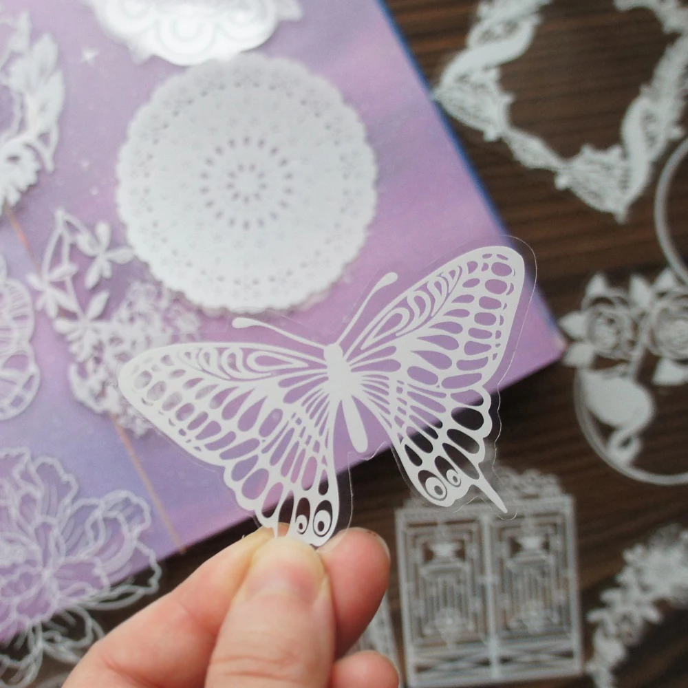 

28pcs MIX Size White Lace Butterfly Leave Flower Style PVC Sticker Scrapbooking DIY Gift Packing Label Decoration Tag