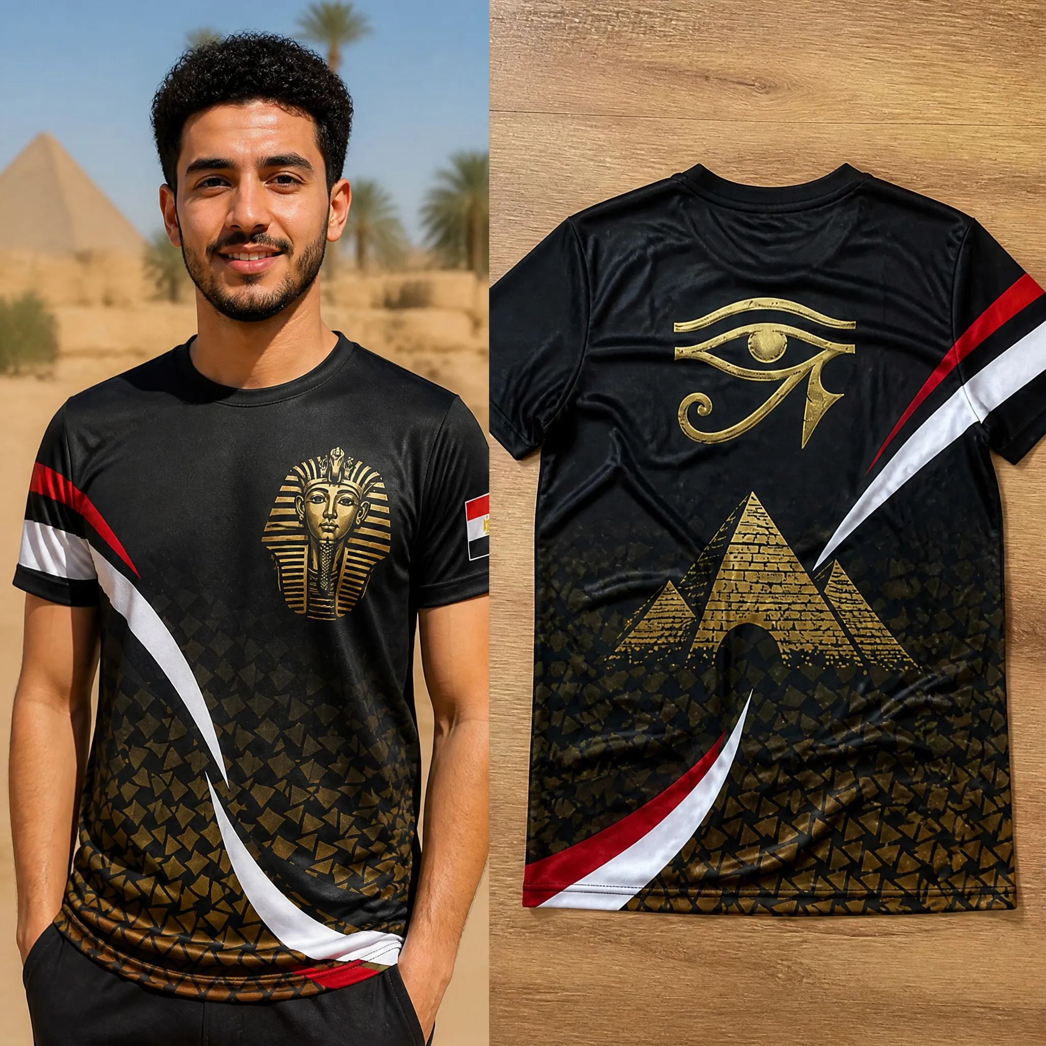 Herren-T-Shirt mit ägyptischem Motiv, Rundhalsausschnitt, Pharao-Pyramiden-Auge, Kurzarm, lässiges Sommer-Pullover-Oberteil, Alltagskleidung für Herren, Strandresort – Detail 2
