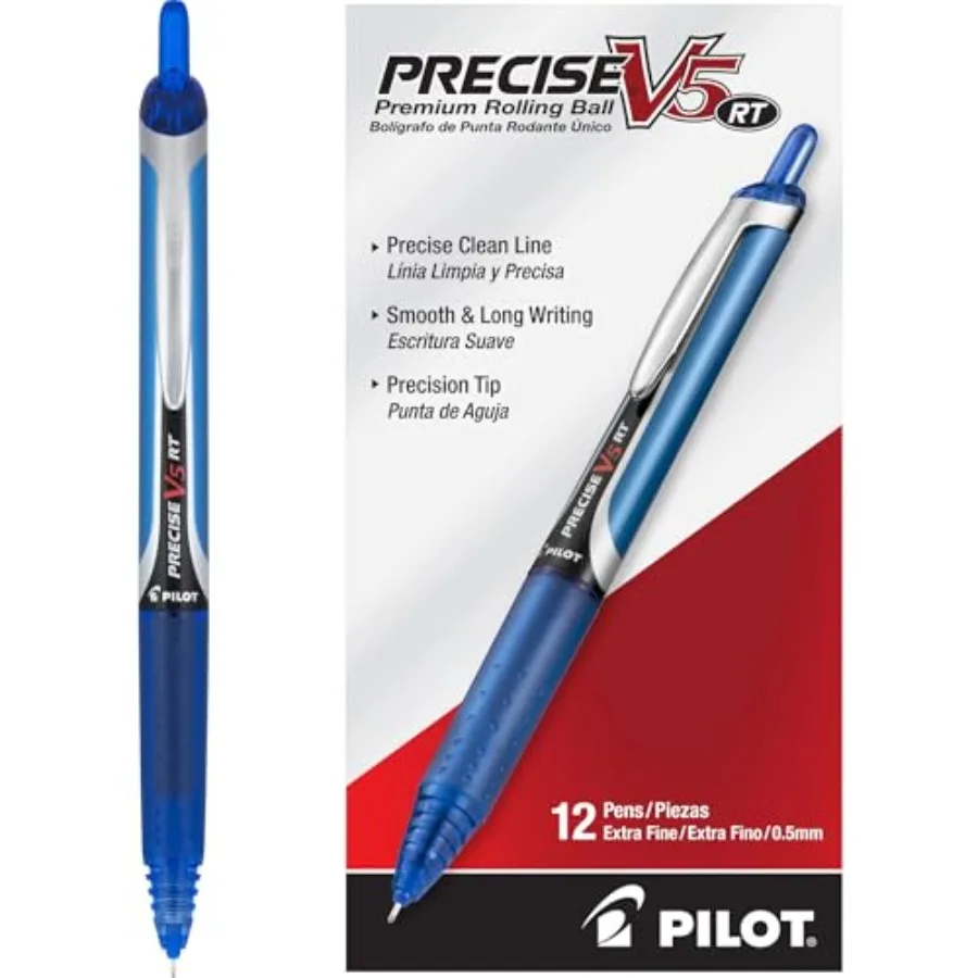 

Precise V5 RT Refillable and Retractable Rollerball Pens, Extra Fine Point Pens 0.5 mm, Blue, Pack of 12 - Ideal for School, Jo