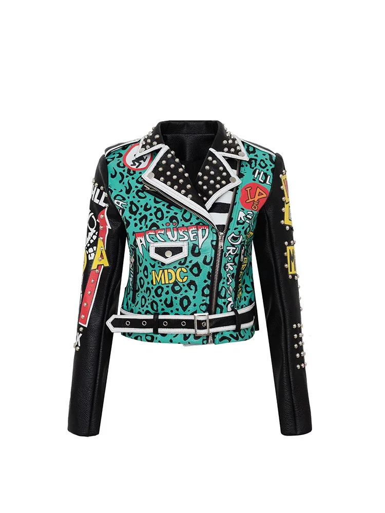 Chaqueta corta de cuero sintético para motocicleta para mujer, ropa de calle con tachuelas, Color de contraste Punk, estampado de Graffiti, tendencia 2024