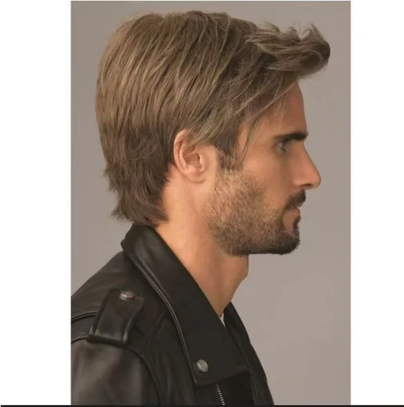 10 インチの短い巻き毛の合成ブラウンウィッグ男性用ヘア耐熱ウィッグ前髪付き日常使用用