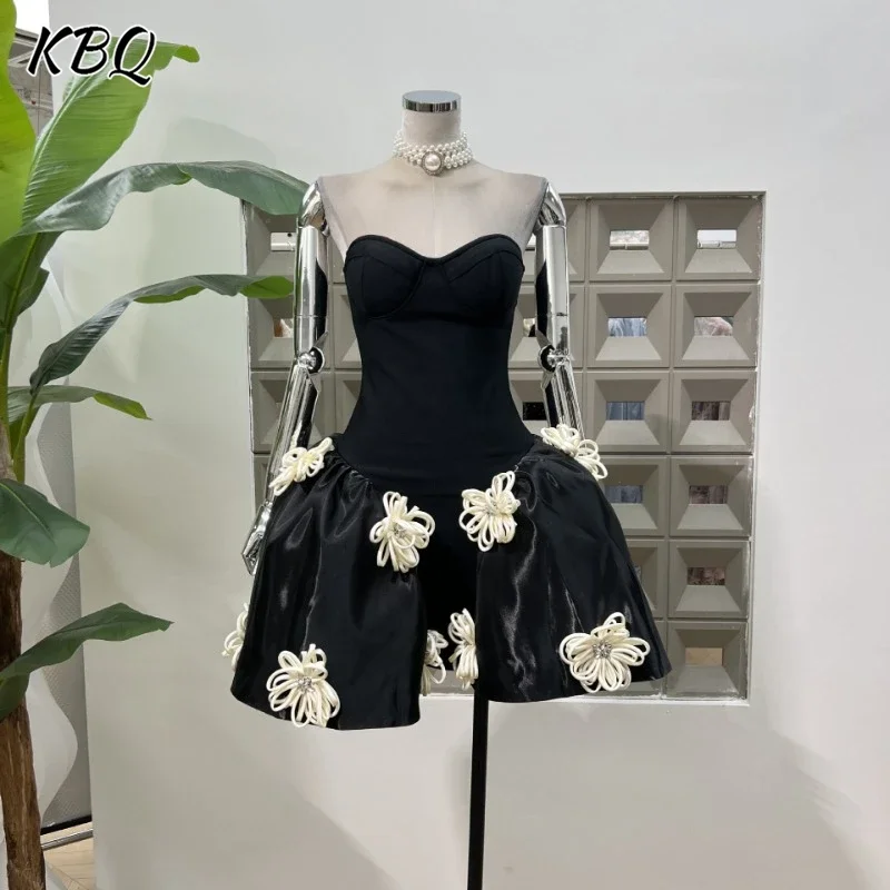 

KBQ Vintage Slimming Party A Line Dress For Women Strapless Sleeveless Bckless Temperament Spliced Floral Dress Female Fashion