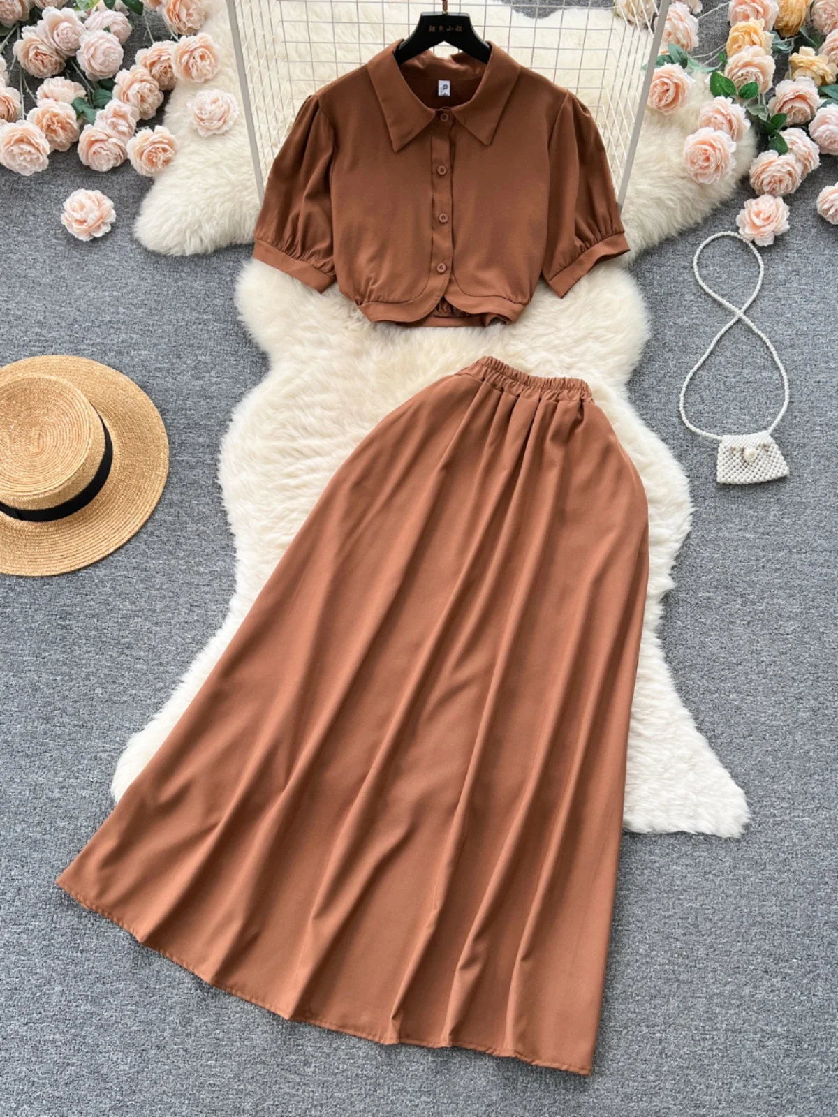 Fashionable Short Bubble Sleeve Shirt Women's Two-Piece Set High Waist Slimming Drapey Half Skirt Elegant Minimalist Style