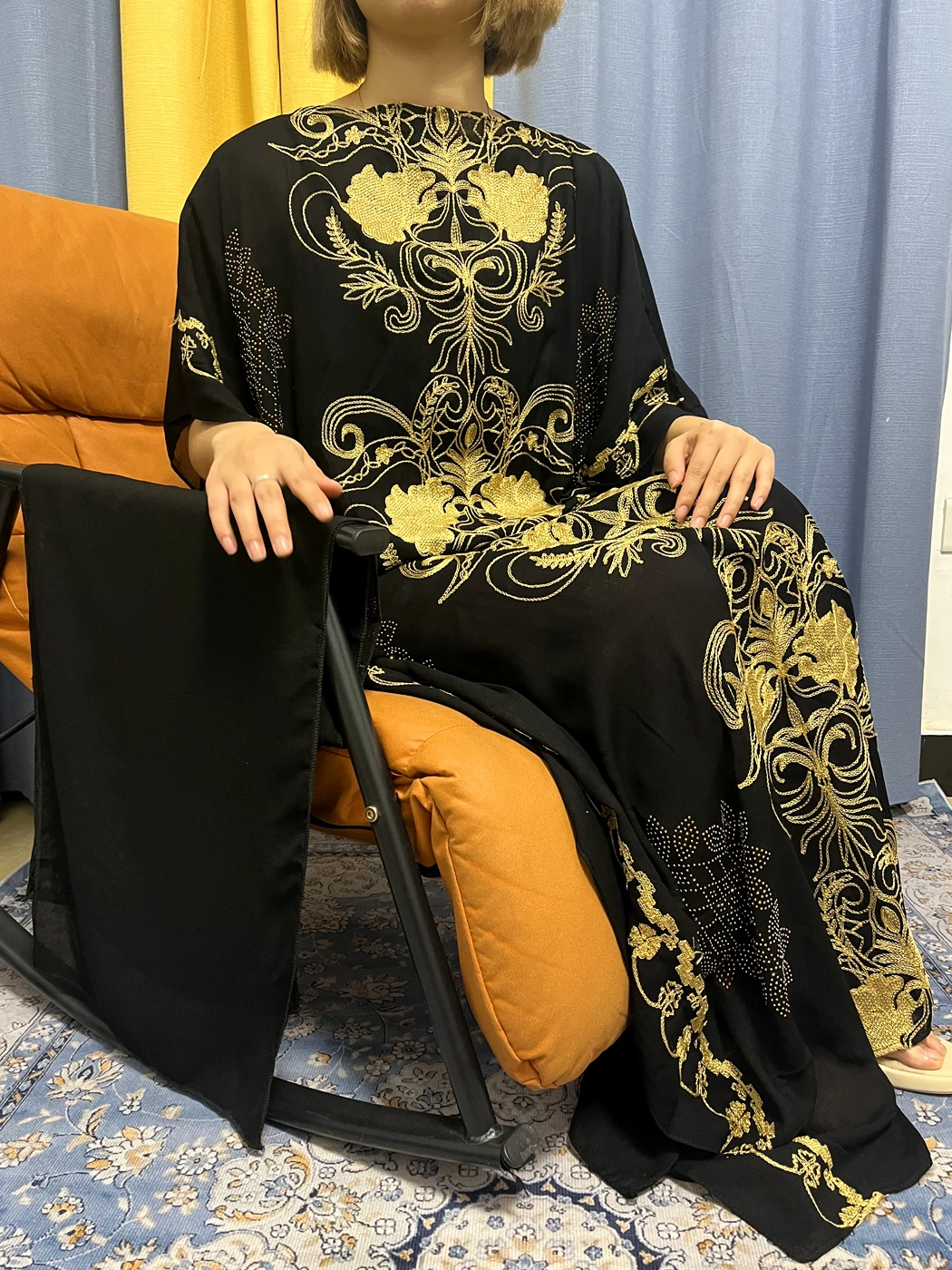 Abayas For Women 2023 Tulle Sequins Black Net Dress Short Sleves Jilbab African Islamic Kaftan Muslim Dresses With Headscarf