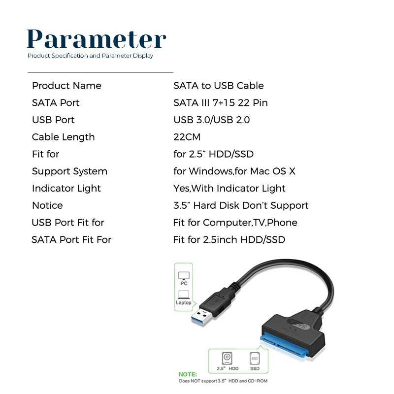 USB 3.0 2.0 Type C To SATA 3 Cable Adapter Up To 6 Gbps Support 2.5 Inch External HDD SSD Hard Drive 22 Pin Sata III Cable