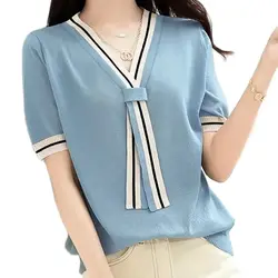 Maglione Contrast Trim Tie-neck Casual manica corta Top in maglia per abbigliamento donna primavera estate