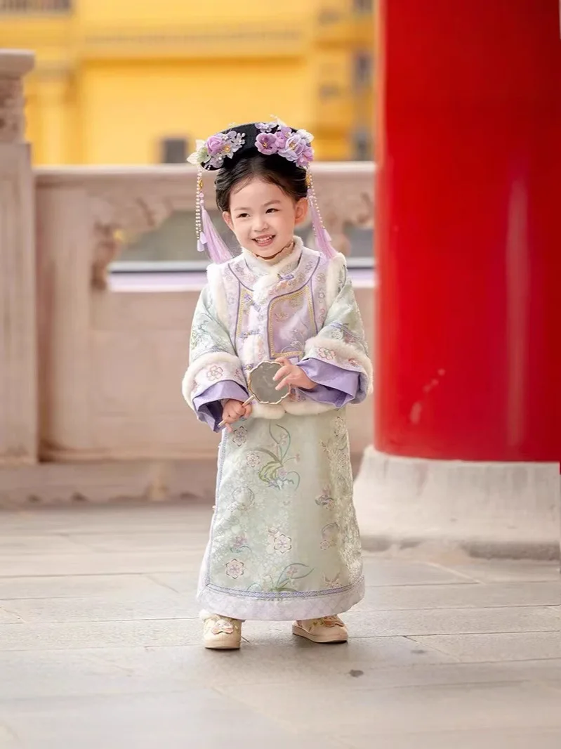 2025 Winter New Warm Chinese Hanfu Costume Cute Girls Qing Dynasty Princess Dress Ancient Children Baby Children Birthday Gift
