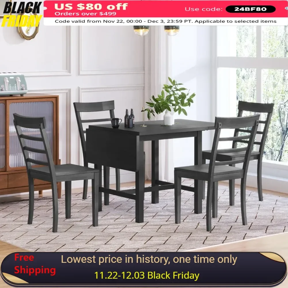 5-Piece Wood Drop Leaf Dining Table Set with 4 Ladder Back Chairs, Space-Saving Breakfast Nook Table Set