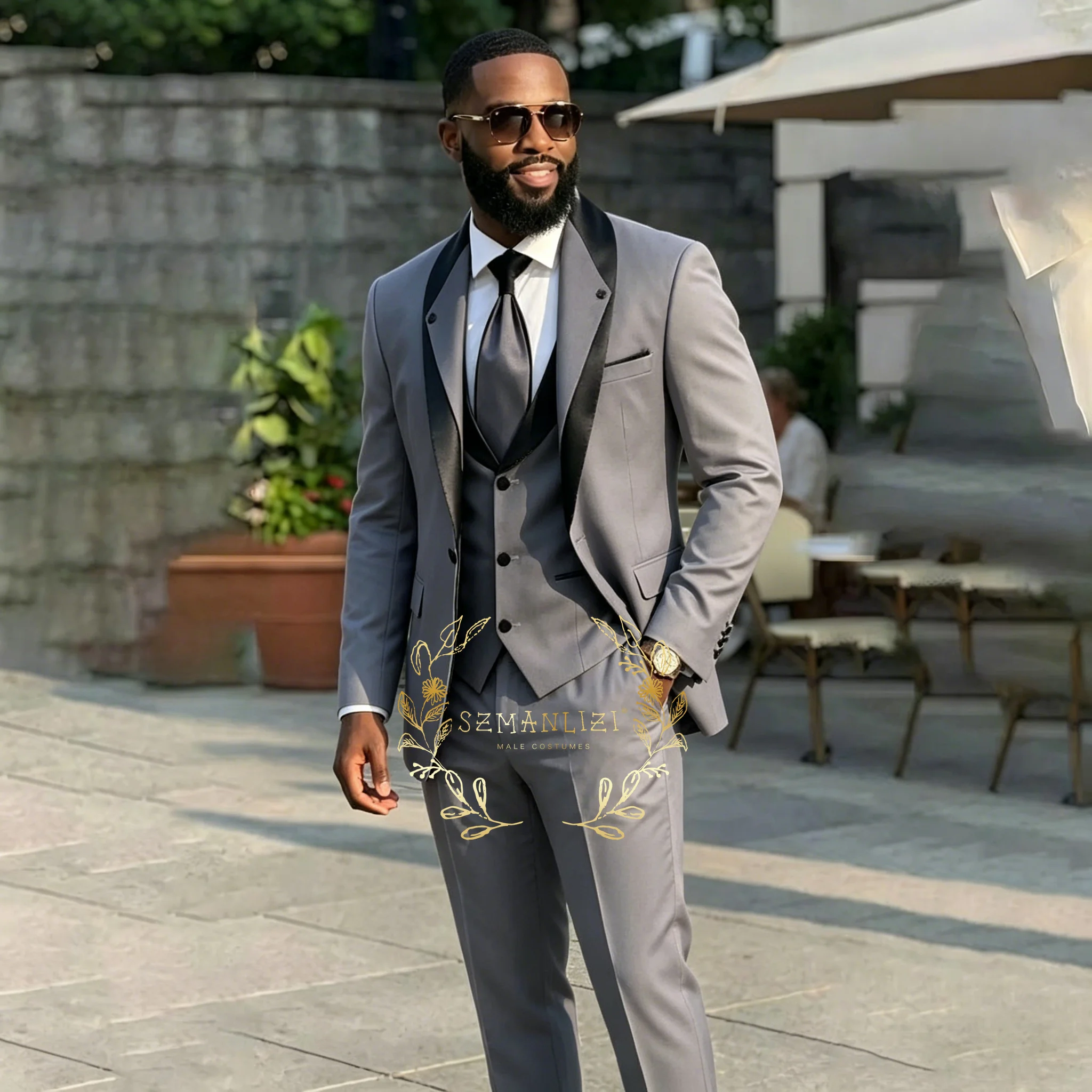 

2026 Light Grey Men's Suit Groom Wedding Tuxedos Jacket Pants Vest 3-piece Set Slim Male Party Groomsmen Formal Best Man Blazer