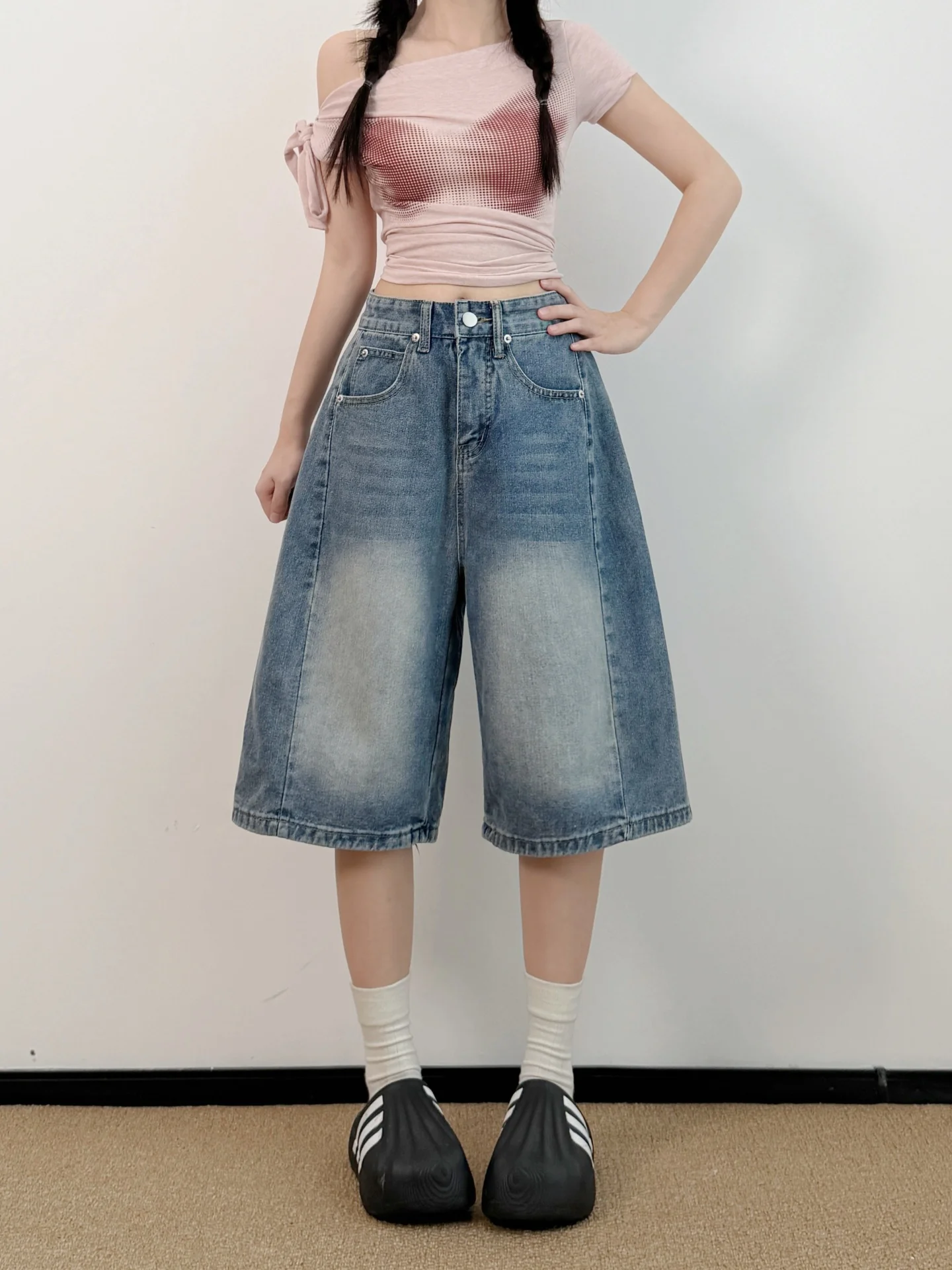 High Waist Wide Leg American Retro Denim Shorts Women Summer New Style Worn Straight Cut Five-Point Jeans Cotton Casual Shorts