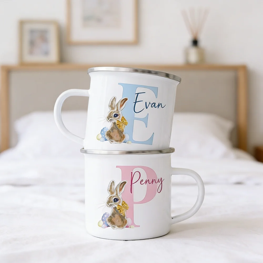 

Personalized Vintage Rabbit Enamel Mug Customized Initials Easter Theme Children's Drinking Mug Unique Easter Gift