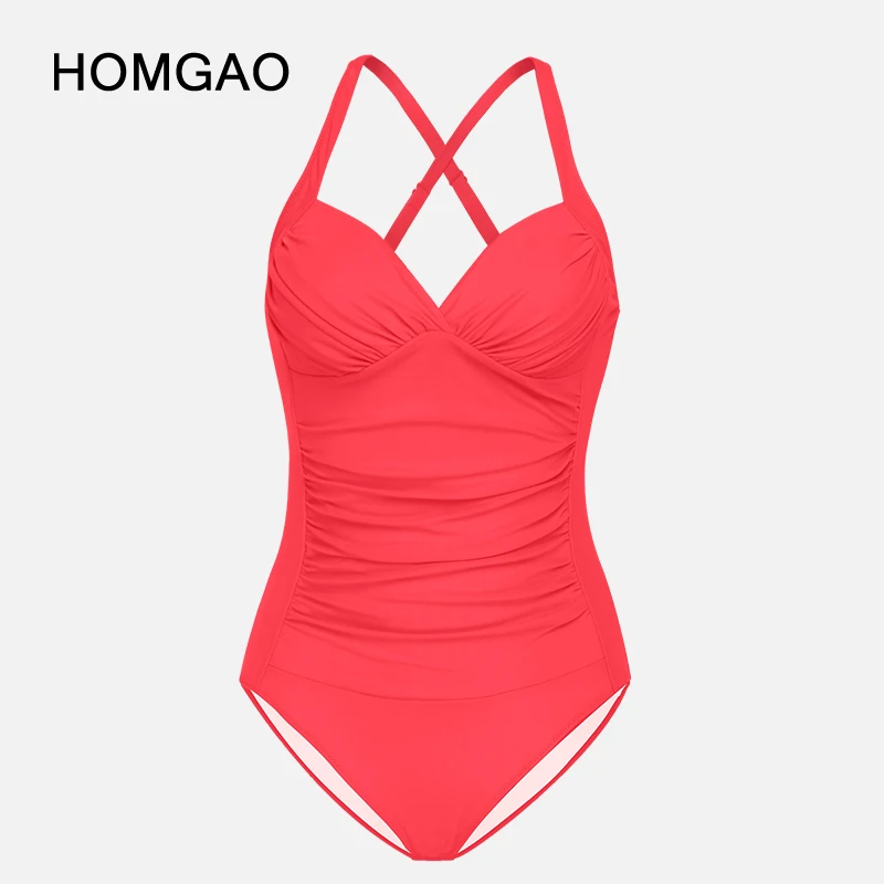 HOMGAO Sexy V-Neck Women's Swimsuit Push Up One Piece Bathing Suits Monokini Tummy Control Plus Size Beach Wear Swimwear