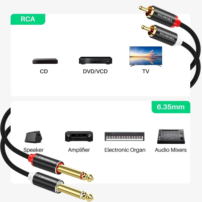 1/4 to RCA Cable, Gold-Plated Copper Shell Heavy-Duty 2X6.35mm TS to Dual RCA Stereo Audio Interconnect, Suitable for Speakers