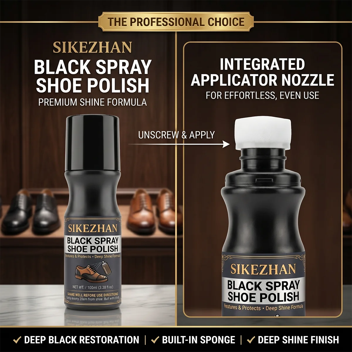 SIKEZHAN 100ml Black Shoe Polish Spray with Sponge Applicator Professional Leather Care Deep Shine Wax Liquid Polish
