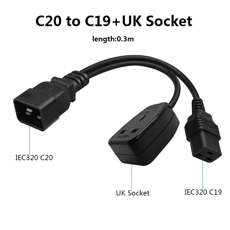 IEC C20 C19 UK Female Y Splitter 3 Prong Extension Cord Outlet Socket HongKong Singapore PDU UPS Server Power Cable Extented