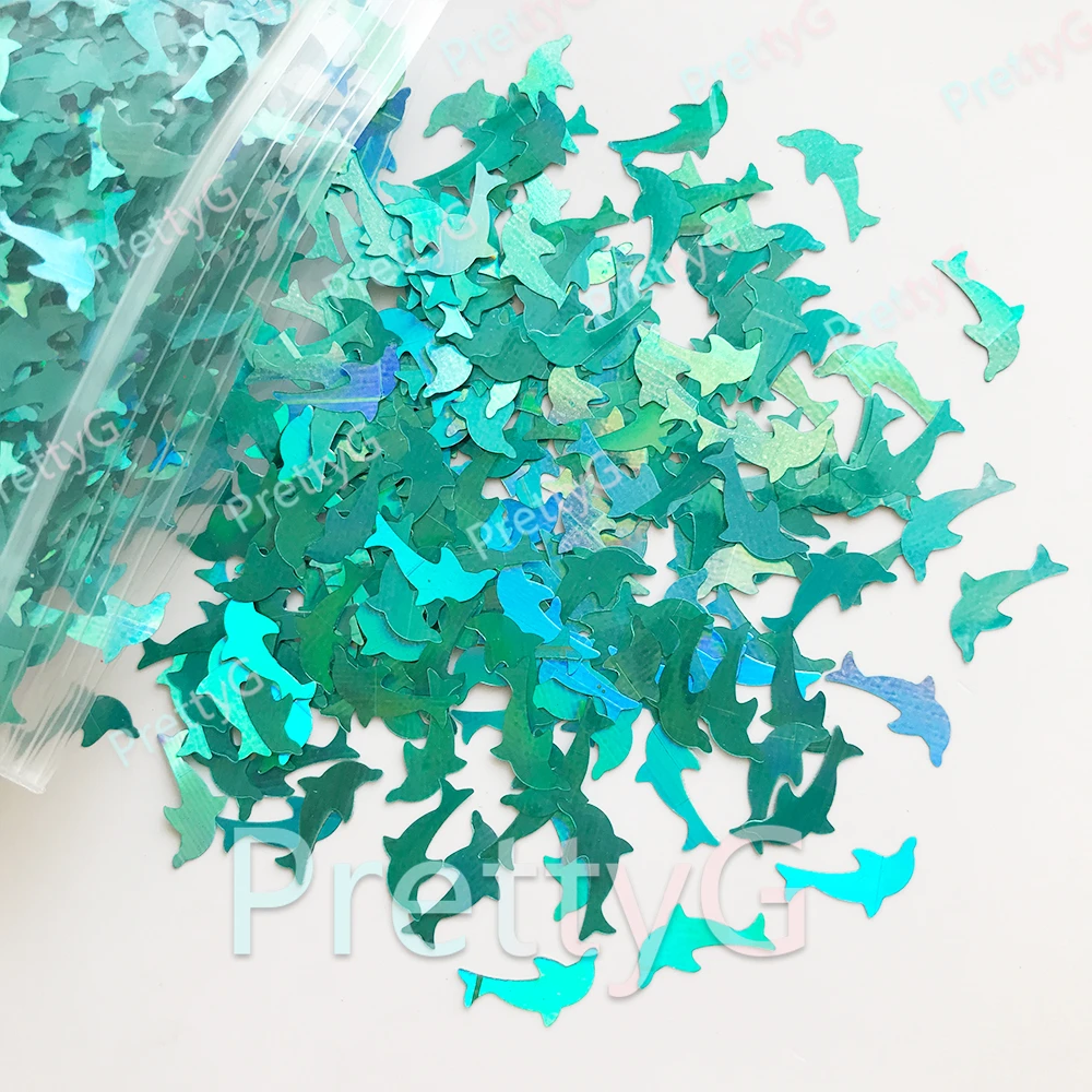 PrettyG 1 Box Blue Holographic Dolphins Glitter Shape Marine Animals Glitter For DIY Nails Art Decorations Accessories