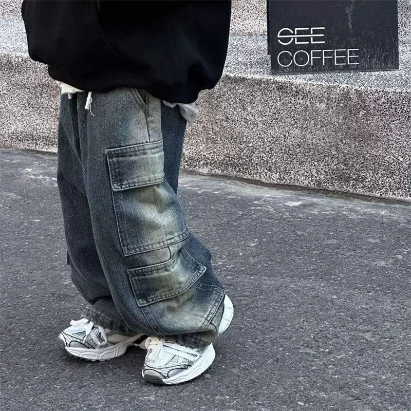 Boys Cargo Jeans Pants Children Spring Autumn Multi-pocket Retro Loose Wide-leg Pants Kids Street Trousers Teen Fashion Denim