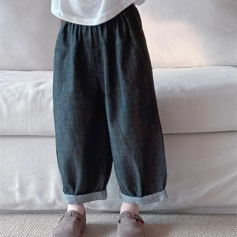 

Children's Products 2025 Spring and Autumn Korean Version of Boys and Girls' Fashionable Plaid Curled Straight Jeans Baby