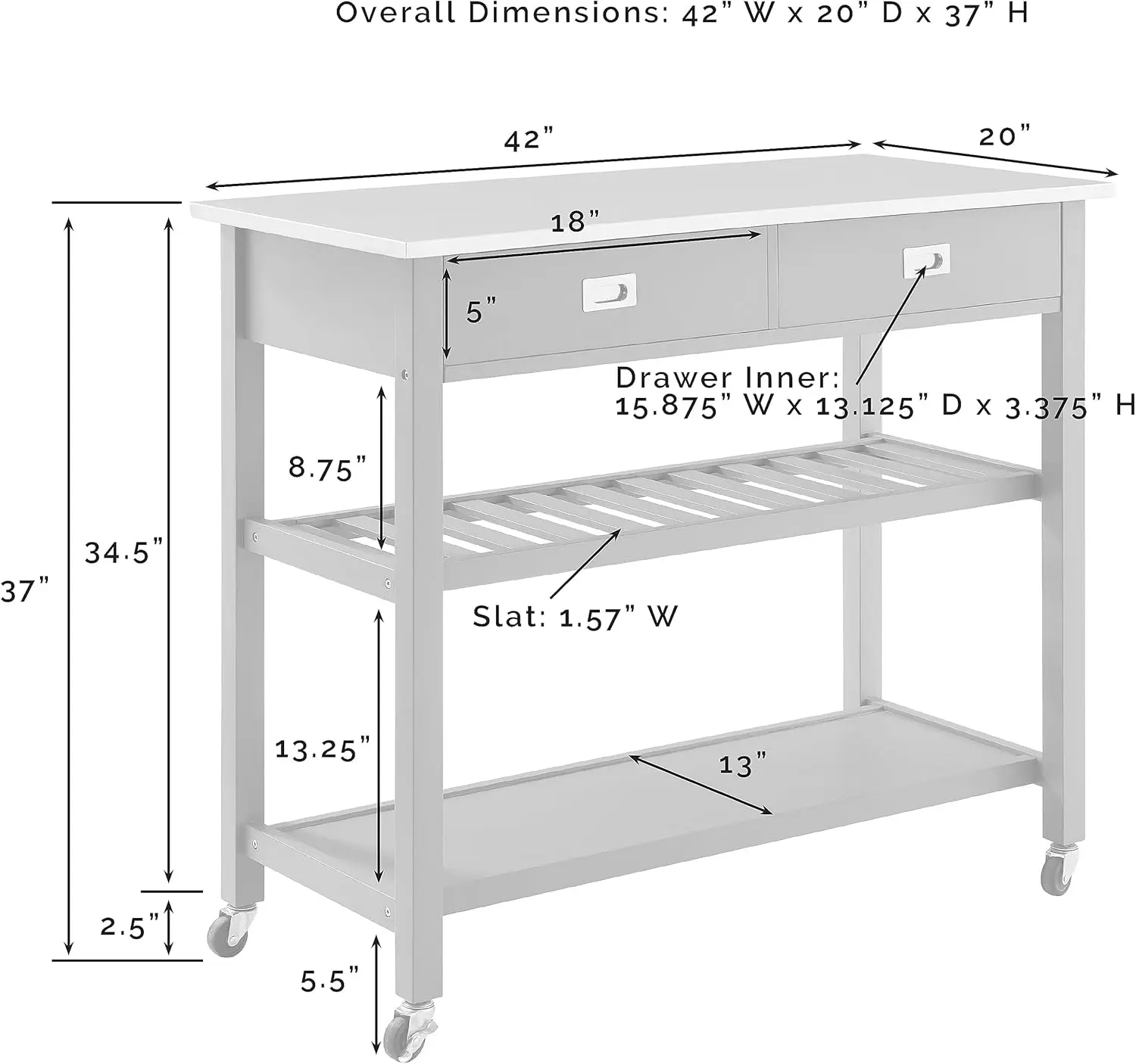 Chloe Kitchen Cart with Stainless Steel Top, Gray